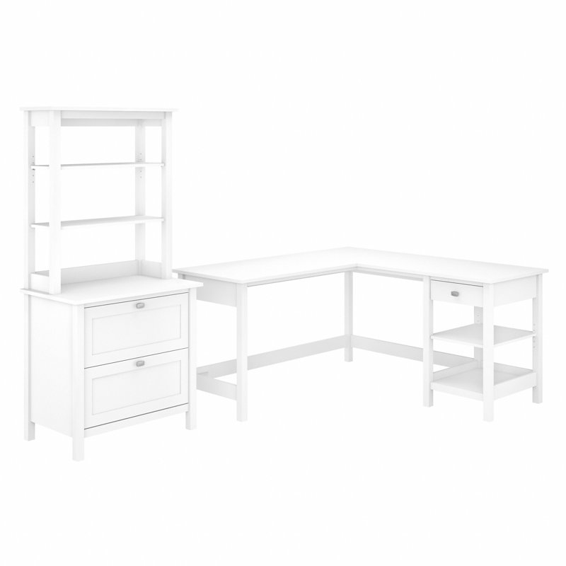 Bureau d'ordinateur en L Aliyat 60 W avec classeur latéral et huche en blanc pur