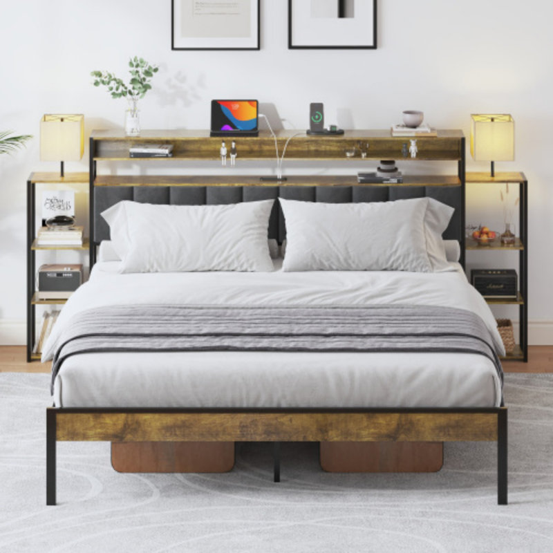 Base de lit, rangement, plateforme, tête de lit, tête de lit en velours avec tablettes, King