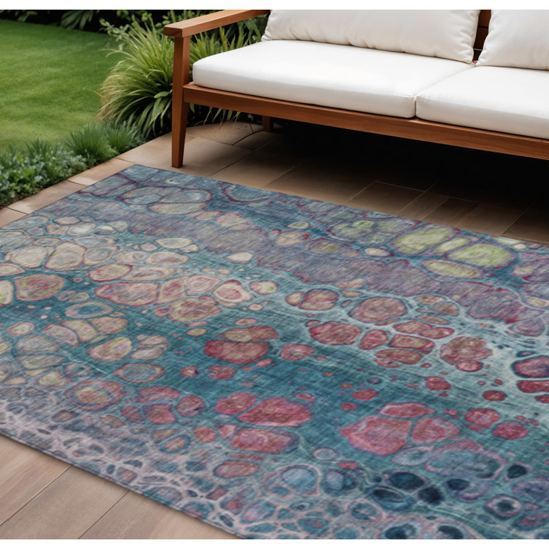 Tapis d'extérieur lavable abstrait bleu sarcelle et prune 10 pi x 14 pi