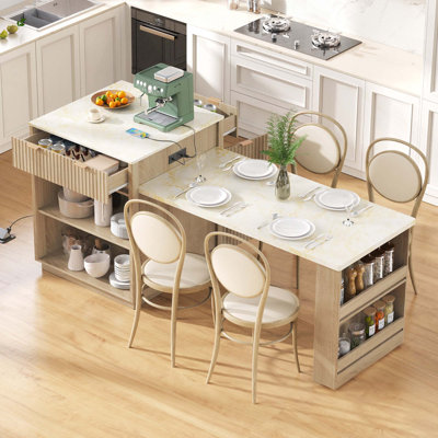 Îlot de cuisine cannelé de 82,6 pouces avec table de salle à manger extensible, prise de courant et grand espace de rangement pour les cuisines modernes (sans les chaises)