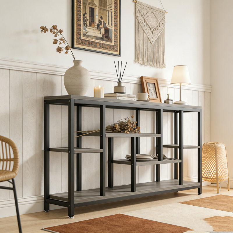 Entryway Sofa Table with Storage Shelves, Gray & Black