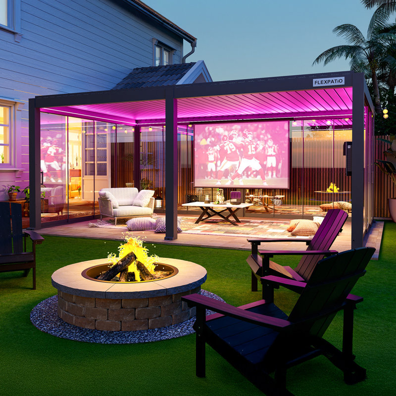 Flexpatio 20 Ft. W X 13 Ft. D Power+ Pro Motorized Pergola Outdoor Louvered Pergola With 3-Side Sliding Glass Doors