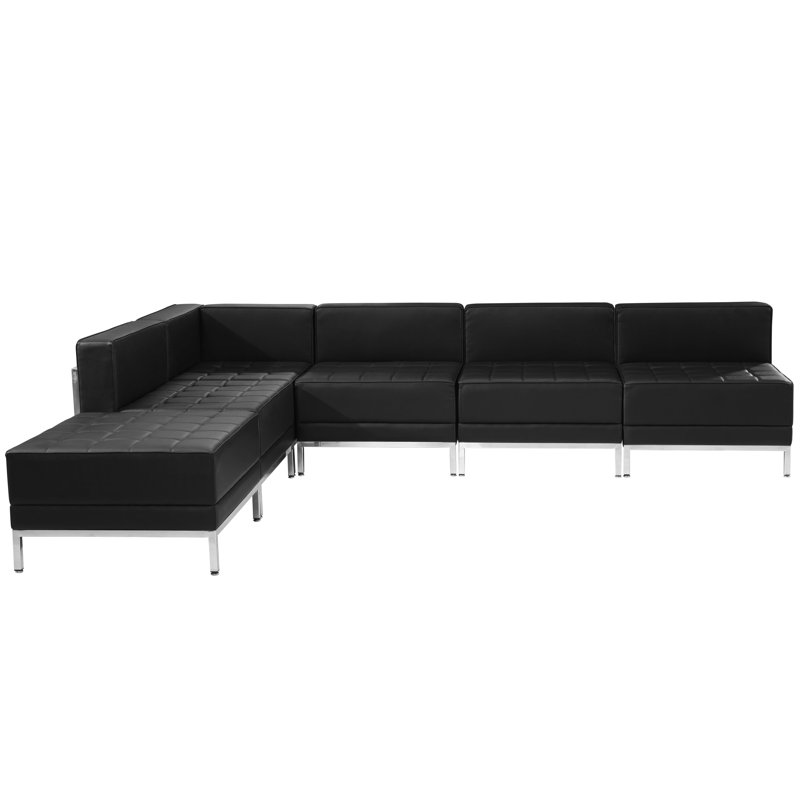 Hercules 6 Piece LeatherSoft Modular Sectional Configuration - Stainless Steel Legs, Black Faux Leather