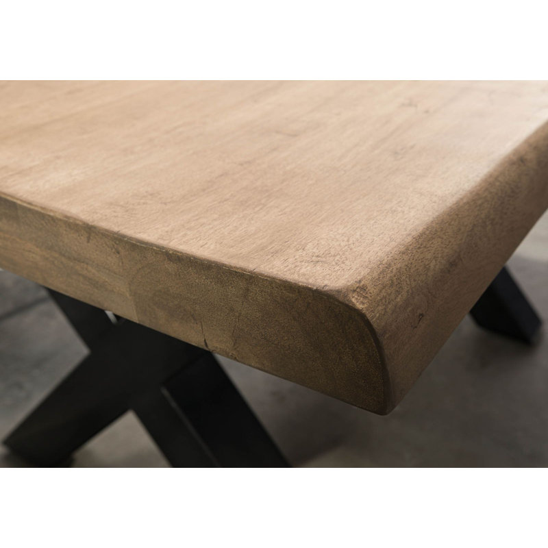 Solid Wood Top Metal Base Dining Table, Beige, Anthracite, 77 cm H x 140 cm L x 90 cm D
