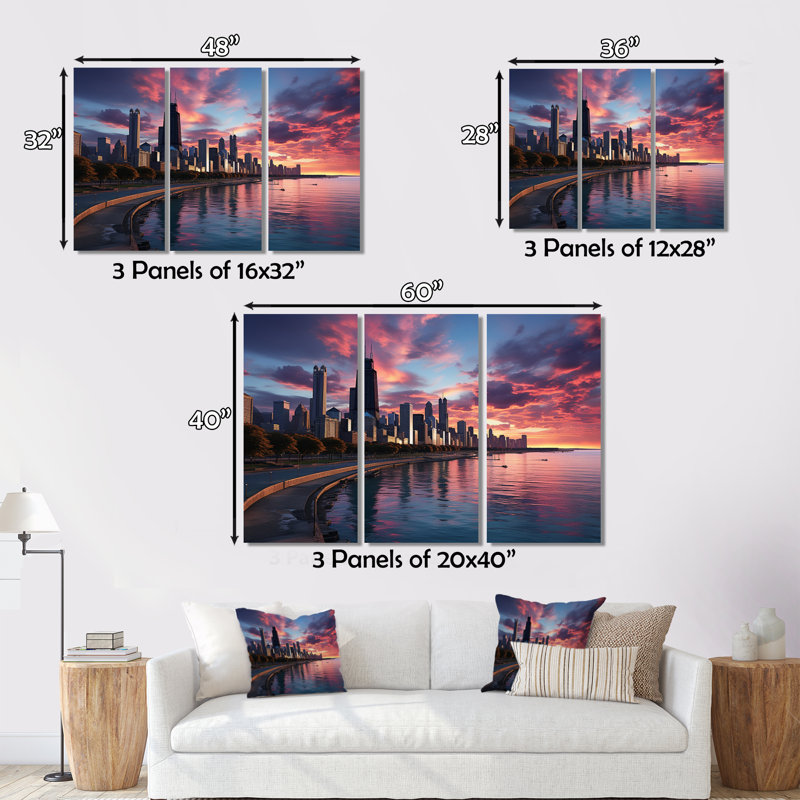 «Chicago Cityscape By Night III», reproduction sur toile 3 pièces, H 32 po x l 48 po x P 1 po