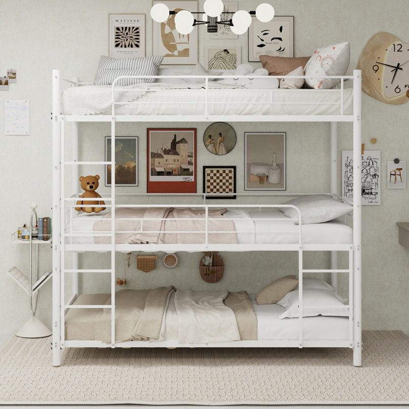 Triple Bunk Bed 3-tier Metal Frame For Dormitory & Shared Room, Space-saving 90x190cm Mattress, Sturdy Industrial Style