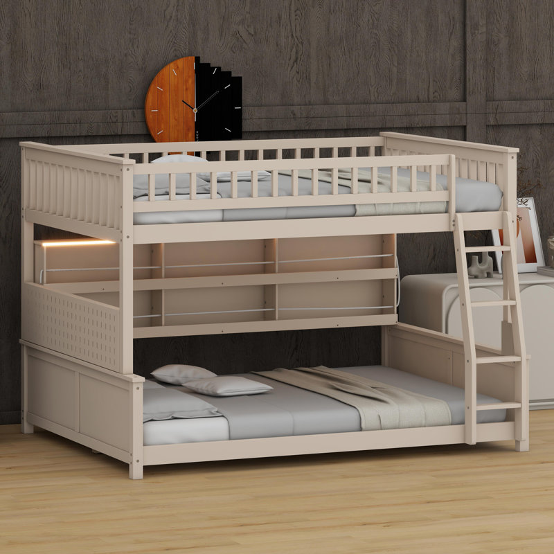 Loft-Style Bunk Bed Featuring Integrated Storage, Adjustable LED Lights And Pegboard Panel, Beige, Full XL Over Queen