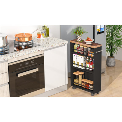 20" Slim Storage Cart – 4-Tier Narrow Rolling Kitchen Utility Cart With Wheels & Handle, Skinny Laundry Room Organizer, Slide Out Pantry Shelf For Small Spaces, Bathroom – Brown & Black Finish
