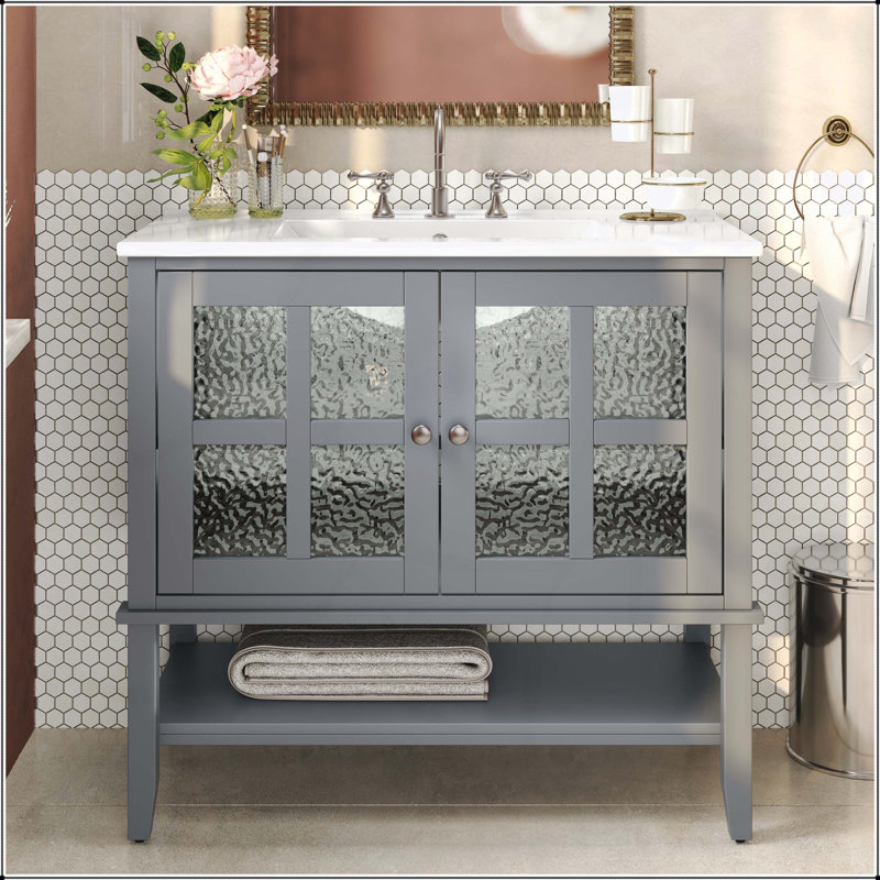Meuble-lavabo de 36 po avec lavabo en céramique, tablettes réglables et ouvertes, pieds en bois massif, finition imperméable et charnières à fermeture en douceur
