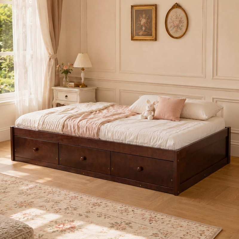 Lit standard simple avec tiroirs et lattes pour chambre Ramet, Cerisier