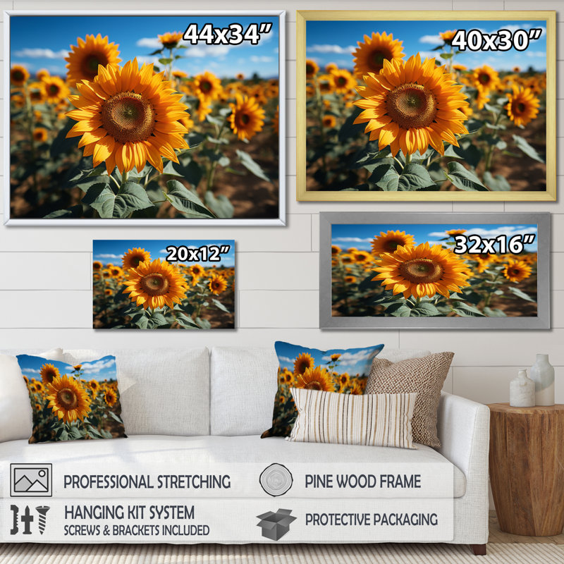 Tournesols jaune champ vibrant II, Cadre photo argenté, H 16 po x l 32 po x P 1 po