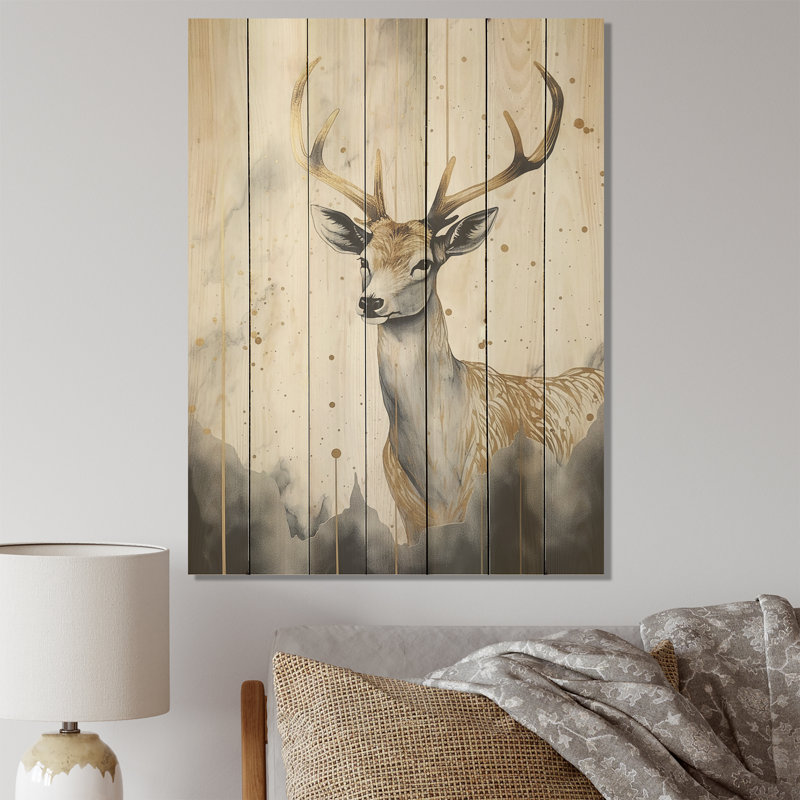 Minimalisme gris et doré cerf III - animal cerf sur bois, H 20 po x l 10 po