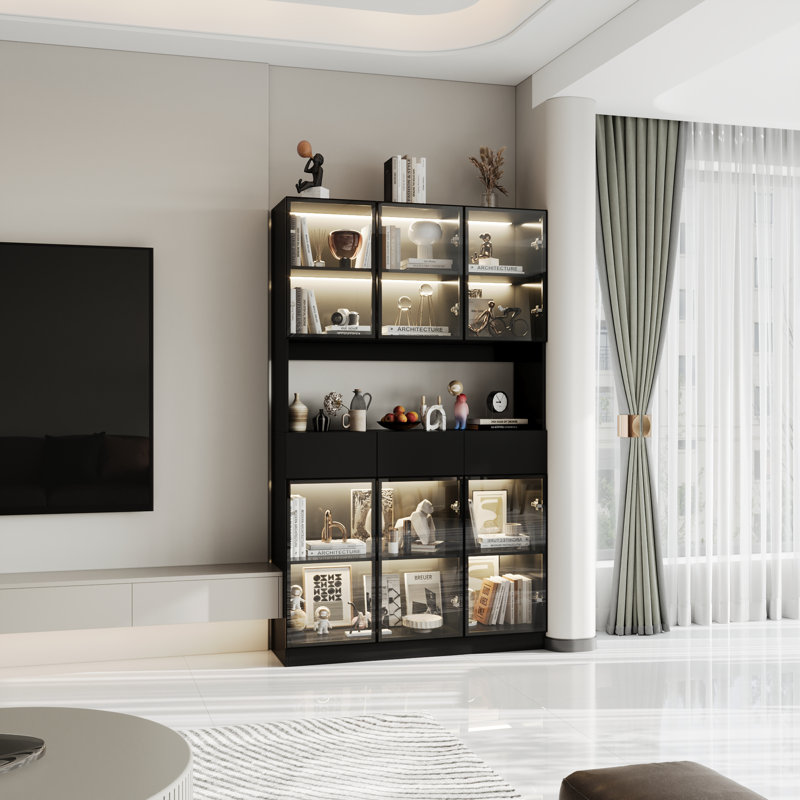 78.7'' H x 47.2'' W Bookcase With Glass Doors LED Lights Spacious Countertop, Black