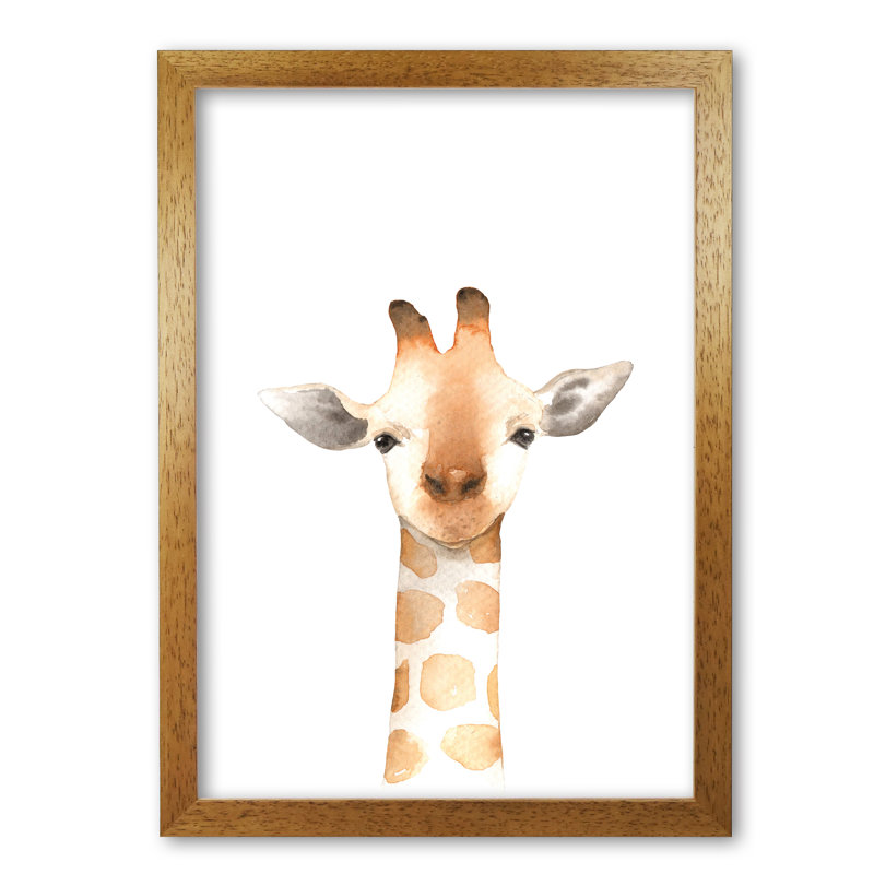 Forest Friends, Cute Giraffe - Painting, Honey Oak Frame, 60 cm H x 42 cm W x 5 cm D