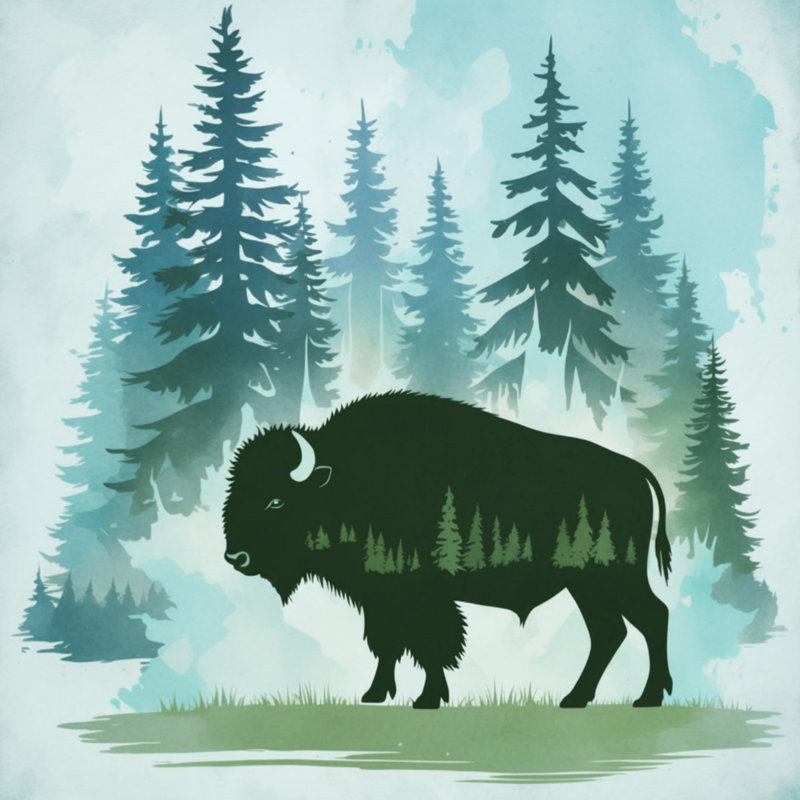 Bison en forêt, housse de couette, Lit simple, Dark Green Beige