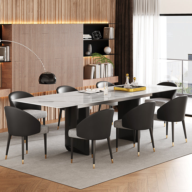 Ensemble de table de salle à manger 9 pièces avec table de salle à manger extensible en pierre frittée de 63 à 94,5 po avec 8 chaises rembourrées en cuir Fuax