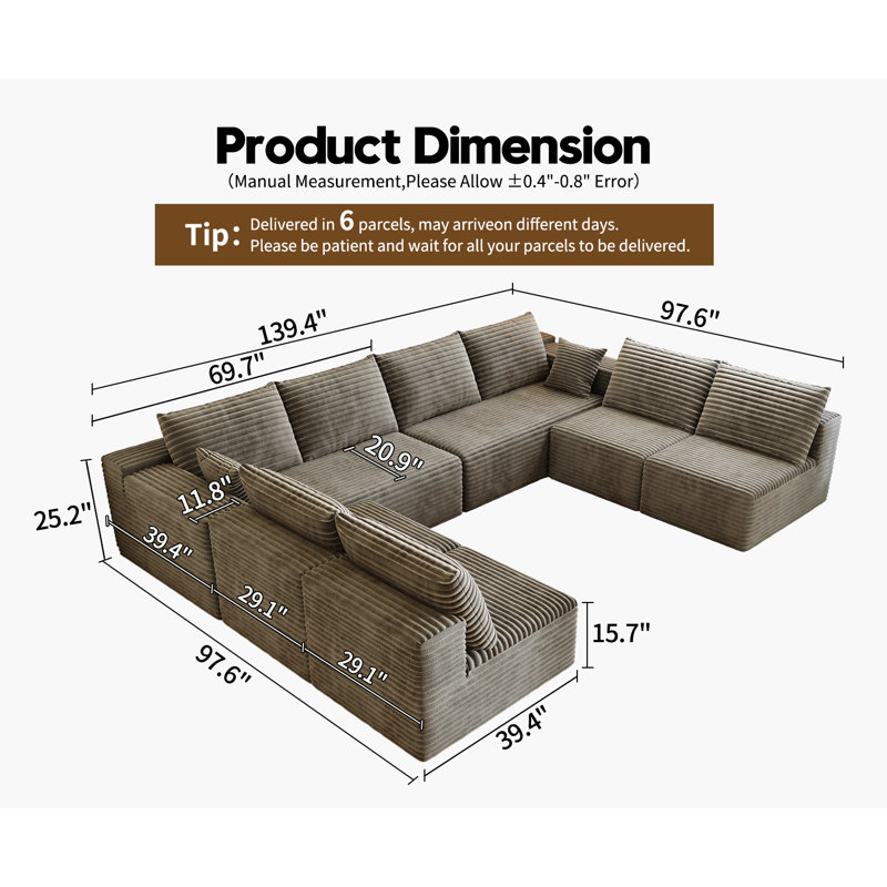 139.4" Modular Sectional Sofa Couch, Oversized  U-Shaped Minimalist Couches with 4 Middle Seats Chaise , Modern Deep Seat Cloud Plush Corduroy Sofas Set for Living Room, 8 Seater
