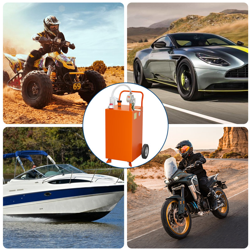 Heavy Duty Portable Fuel Caddy with Manual Transfer Pump & 9.8ft Hose - Gasoline & Fuel Storage Tank for Cars, Lawn Mowers, Boats, ATVs - Rolling Solidified Rubber Wheels - Orange | 40 gallons