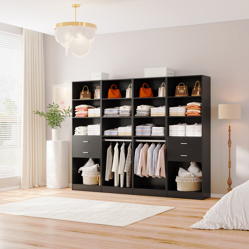 4-piece Set: 99.2"w Wardrobe Storage System With 4 Wooden Drawers, Adjustable Shelves And Hanging Rod, Black