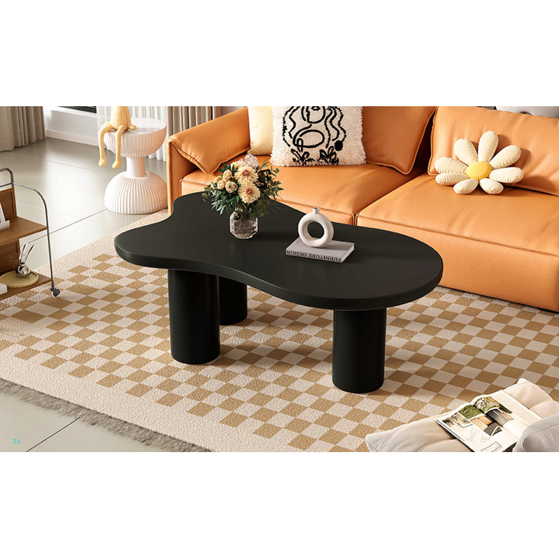 Table basse de 44 po x 25,9 po à assemblage facile avec plateau de 1,5 po d'épaisseur, table de bout irrégulière de style avec 3 pieds robustes, table centrale élégante avec bord rond pour le salon