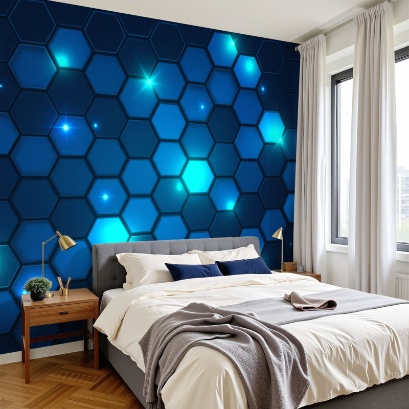 Papier peint adhésif peler et coller hexagonal bleu à motif géométrique brillant de style Tech H 100 po x l 144 po, papier peint amovible en PVC, adhésif pour chambre à coucher, bureau à domicile