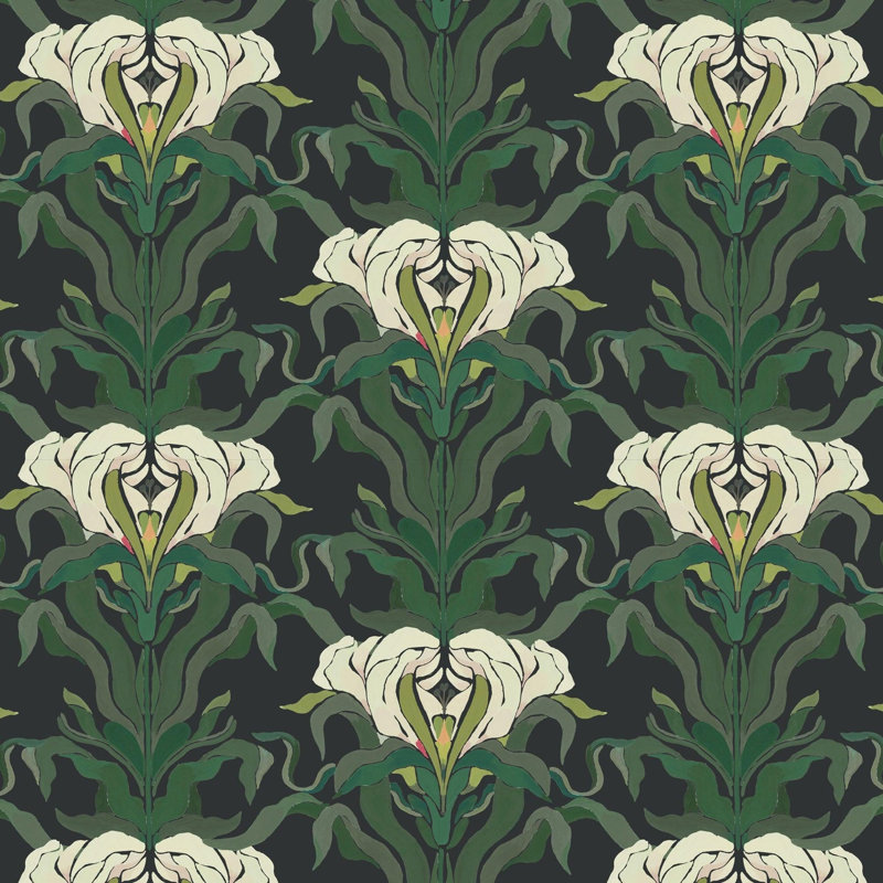 Mirrored Flower - Botanical Wallpaper, Black, Green, Cream, Faux Grasscloth, Non-Pasted