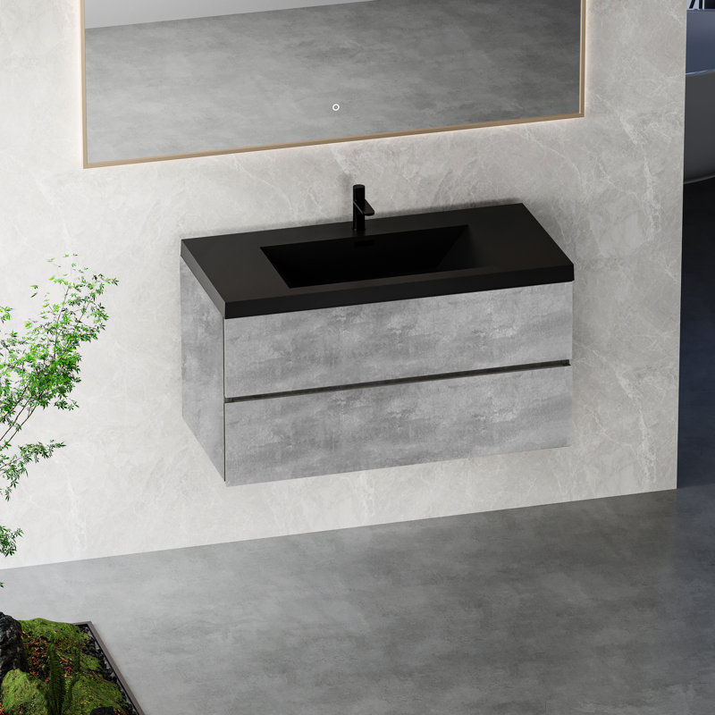 Meuble-lavabo de 42 po de couleur grise avec lavabo. Lavabo à quartz moderne et lavabo à fermeture en douceur confortable. Tiroirs silencieux