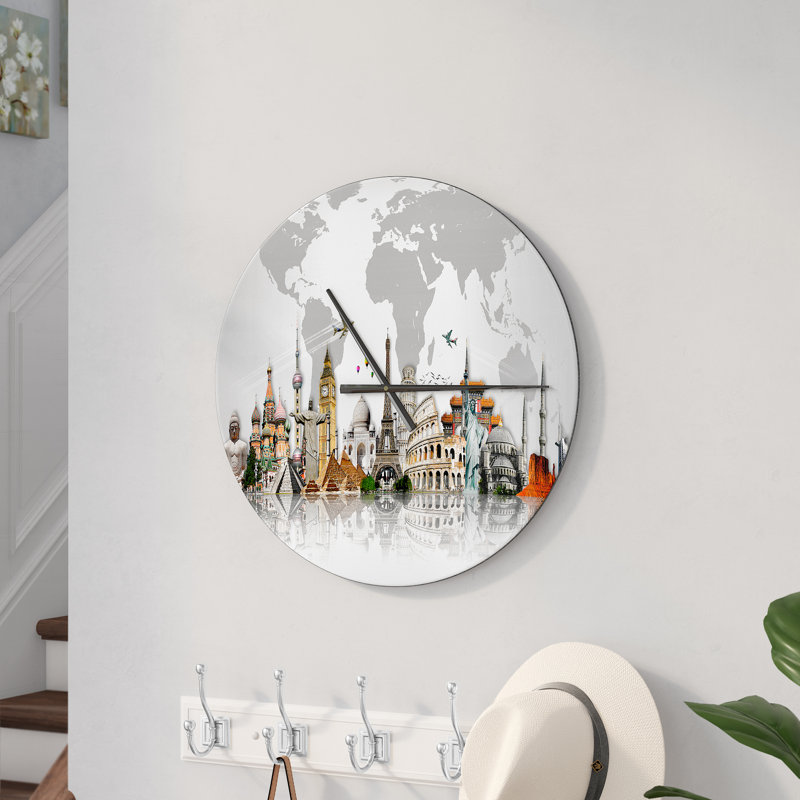 Famous Monuments Across World Metal Wall Clock, Large
