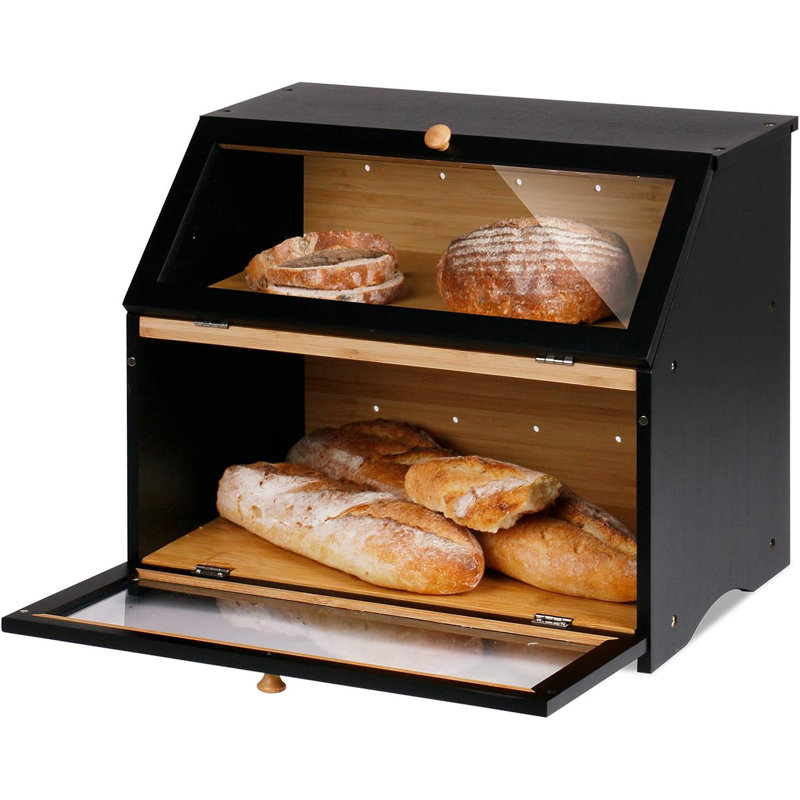 Double Layer Large Bread Box For Kitchen Counter, Wooden Large Capacity Bread Storage Bin (Black)