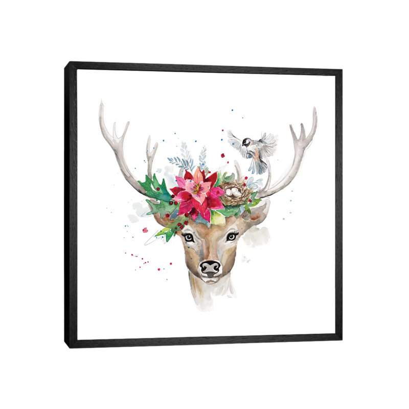 Woodland Deer With Bird by Patricia Pinto - Floater Frame Gallery-Wrapped Canvas Giclée on Canvas, Black