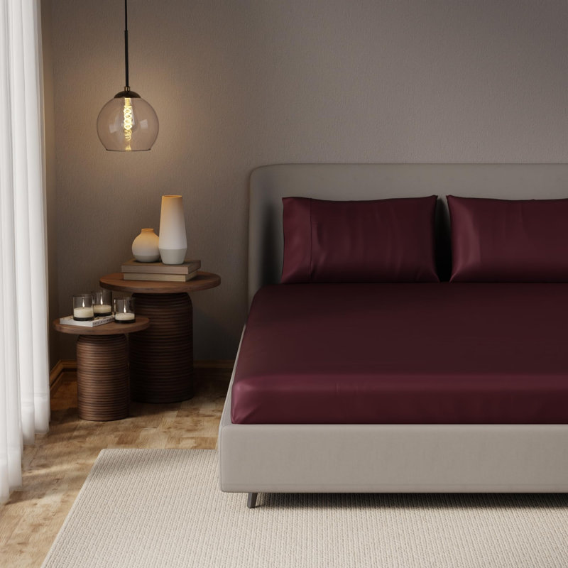 Ensemble de draps en satin Stoa Paris pour lit Queen Size (4 pièces), draps plats et draps-housses rafraîchissants 300 fils/cm², 2 taies d'oreiller, doux pour la peau et les cheveux, essentiels pour la chambre, décoration intérieure esthétique, soirée romantique - Vin