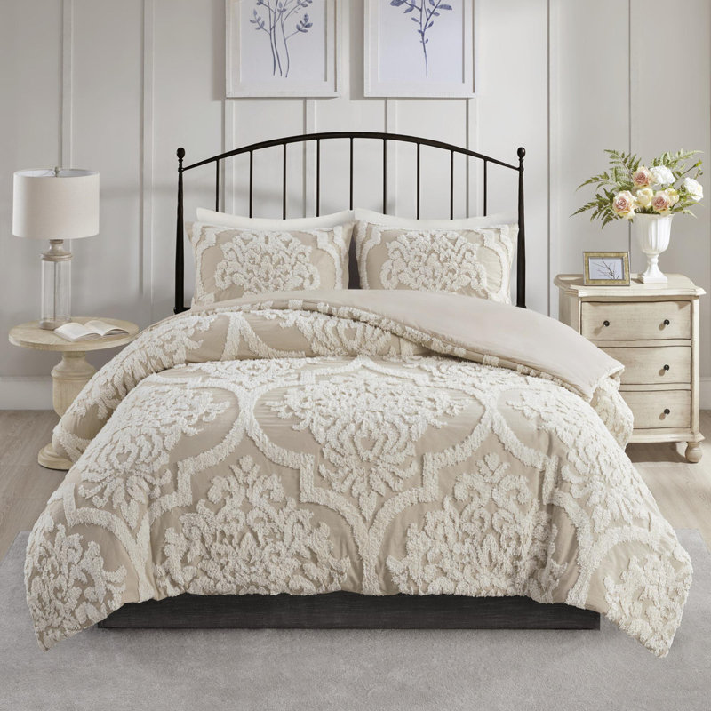 Ensemble d'édredon en coton touffeté 3 pièces, Taupe, Édredon double + 2 taies décoratives standards