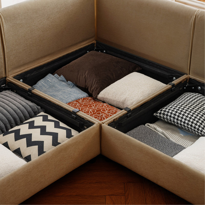 Élégant canapé 2 places en chenille Camel avec siège de rangement repose-pieds, dossier cylindrique et accoudoirs, causeuse moderne en tissu avec espace de rangement caché