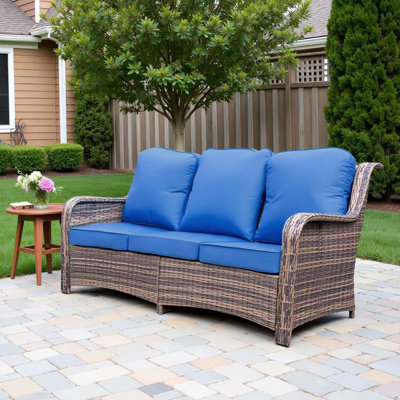 Canapé d'extérieur pour terrasse, canapé d'extérieur en osier 3 places avec dossier haut, assise profonde, accoudoirs larges, coussins épais, canapé d'extérieur pour terrasse, utilisation sous le porche, bleu