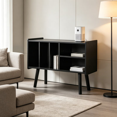 Record Player Stand with Vinyl Storage, Large Turntable Cabinet Holds Up to 300lb, Mid-Century Modern Wood Display Shelf for Albums, Speaker and Book Organization, Living Room Bedroom Furniture, Black