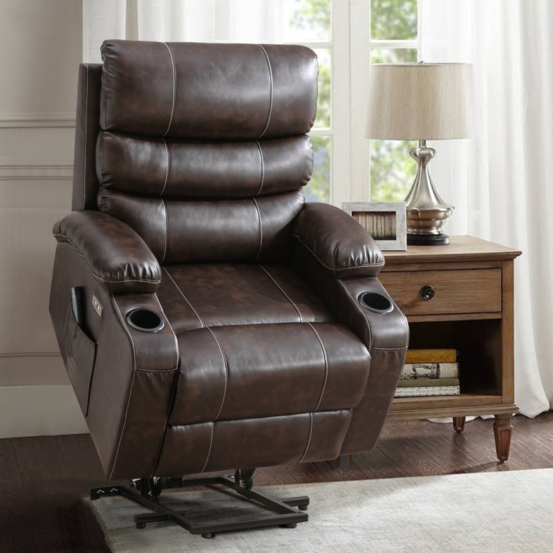 Power Lift Massage Chair with Waist Heating, Reclining Chair with USB, Side Pocket & Cup Holder, Brown Faux Leather