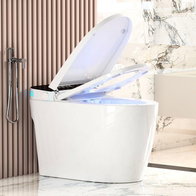 Toilette de bidet intelligente avec siège chauffant, ouverture / fermeture automatique, séchage à l'air chaud et jet siphonique nocturne pour la propreté, batterie de secours, lavage à l'arrière, couvercle d'ouverture / fermeture intelligent, eau, télécommande