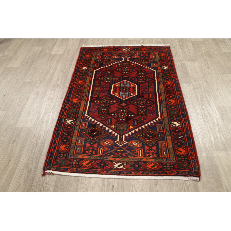 Tapis rouge en laine noué à la main de conception unique 3 pi 3 po x 4 pi 10 po Gregale
