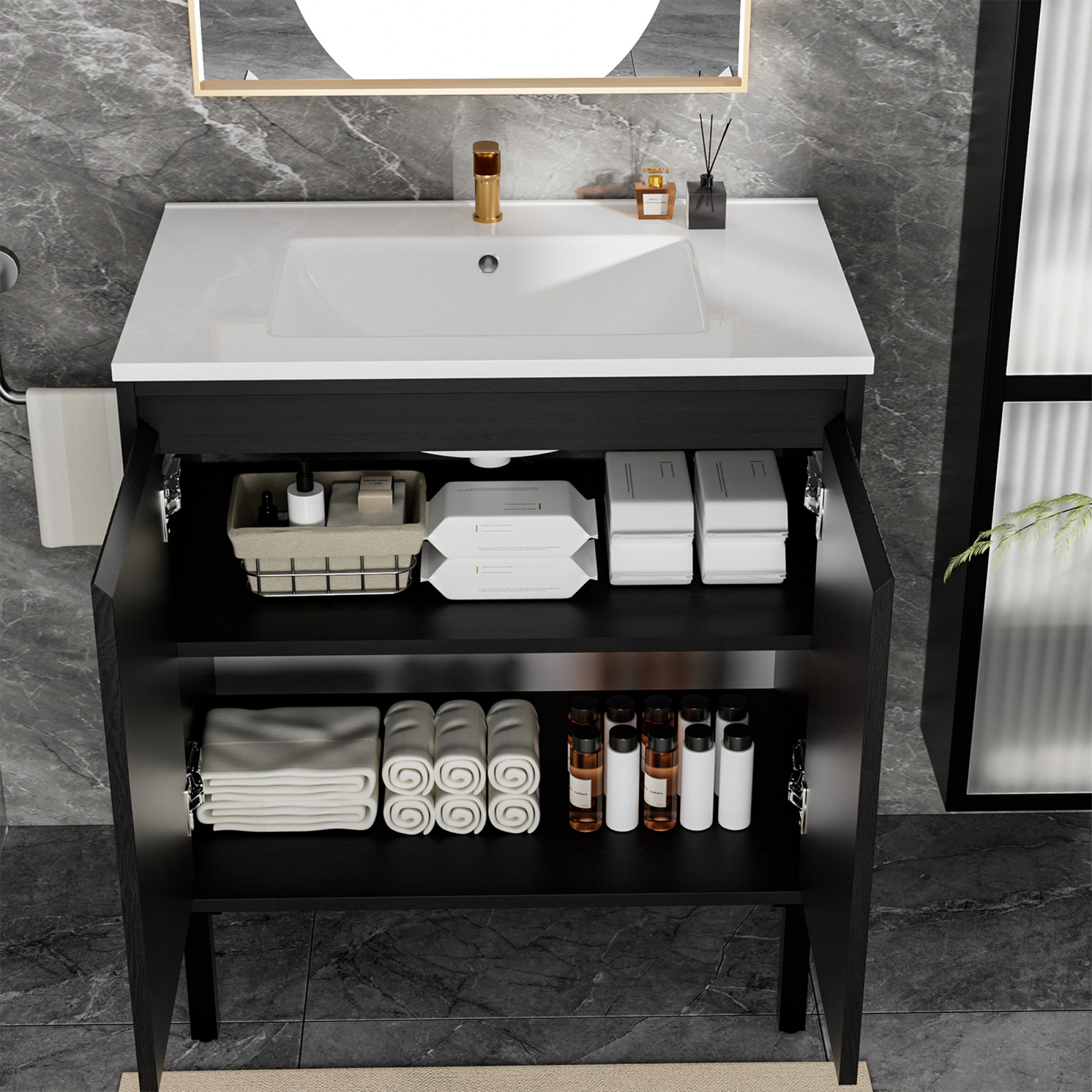 Ebern Designs Soft-closing Mdf Modern Vanity With Sleek Oak Finish For ...