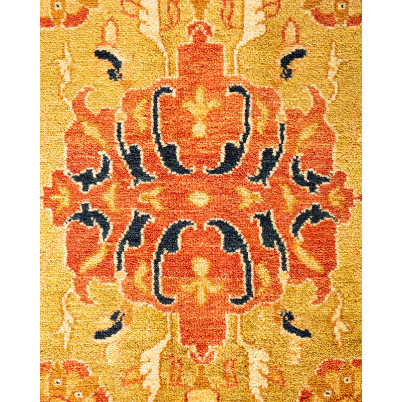 Tapis orange / noir / jaune noué à la main de conception unique 8 pi 1 po x 9 pi 9 po Hayner