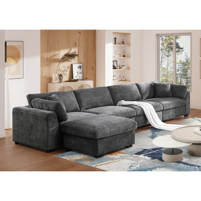 Aariketh Modular Upholstered Sectional with Ottoman, Dark Gray Polyester, 36.3" H x 168.68" W x 36.6" D