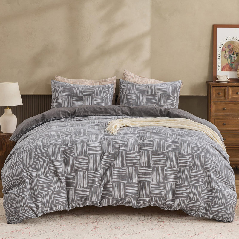 Ensemble de housse de couette 100% coton jacquard teint en coton, Rayures à carreaux gris