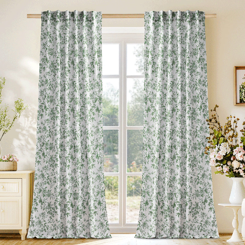  Floral Curtains for Living Room, Semi Sheer Linen Curtains Light Filtering Farmhouse Back Tab Rod Pocket Window Drapes,2 Panels