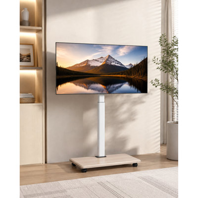 Meuble télé à roulettes, chariot de télévision mobile pour écrans de 32 à 70 pouces, rotation de 25 ° de gauche à droite et support de téléviseur réglable en hauteur sur roulettes