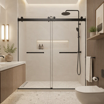 Porte de douche coulissante double sans cadre de 68 à 72 po x H 76 po avec localisateur de rouleaux cachés, porte en verre trempé épais de 3/8 po (10 mm), noir mat (sans fermeture en douceur)