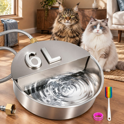 Gamelle d'eau automatique extérieure robuste en acier inoxydable de 6,5 L avec valve à flotteur et 1 orifice pour boire, conçue pour les grands chiens, les chats, les chiots et les poulets.