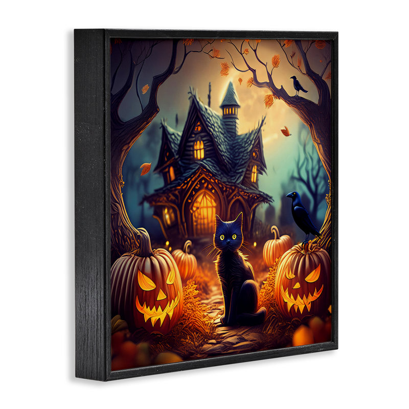  «Haunted House & Cat», art de la giclée encadrée par Alina Georgescu, H 24 po x l 24 po, Giclée encadrée noir minuit