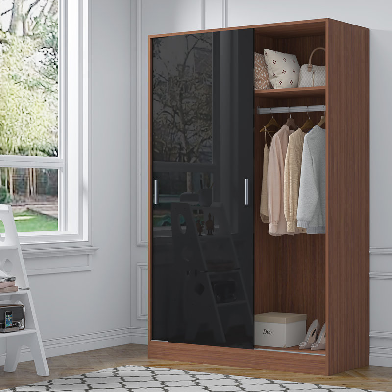 Eva XL High Gloss 2 Door Sliding Wardrobe - H: 180cm x D: 58cm x W: 120cm, Walnut/Gloss Black