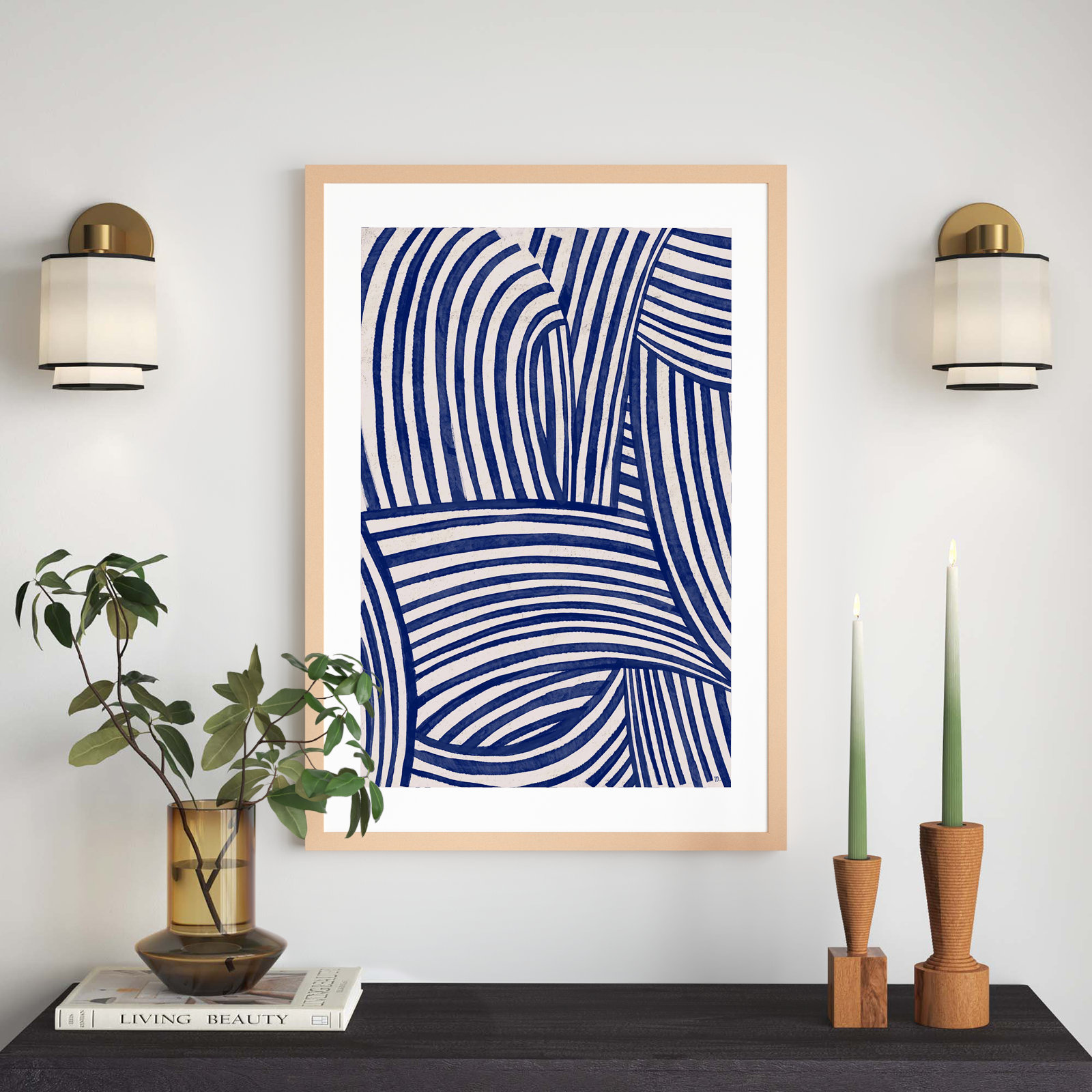 Magnus "Blue Waves 1" Painting by Marco Marella, 26.5" W x 38" H, Maple Framed