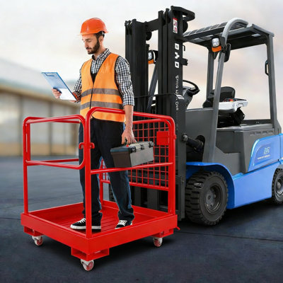 Cage de sécurité pour chariot élévateur 36 x 36 po, nacelle en acier robuste, capacité de 1800 lb, plateforme de travail pliable avec garde-corps, verrou de sécurité, 4 roues, pour l'entretien et la manutention en entrepôt.